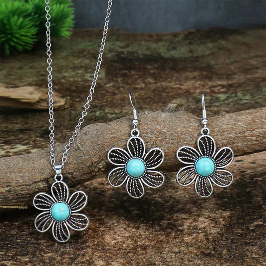 Elegant Blue Stone Floral Jewelry Set