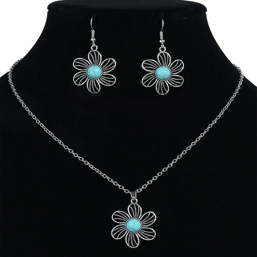 Elegant Blue Stone Floral Jewelry Set